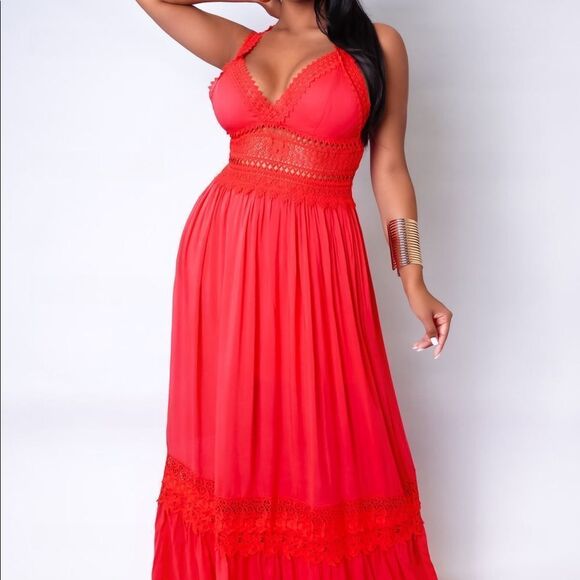 Red Maxi Dress With Crochet Detail - Picture 2 of 8